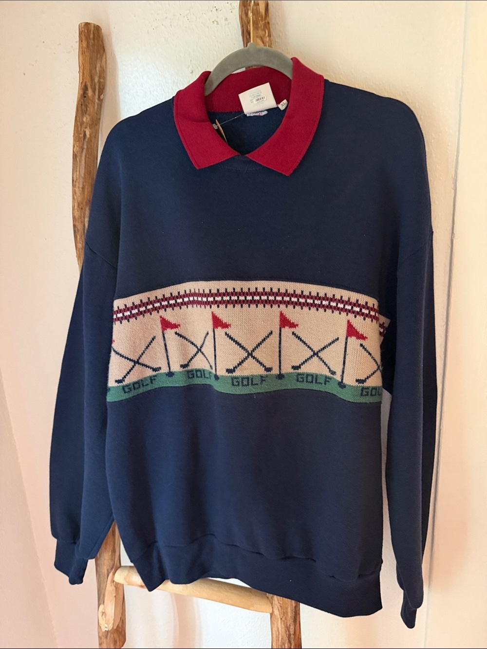 Vintage Swanky Sweats Navy Sweater Sweatshirt Red Collar and Golf Print Men’s XL